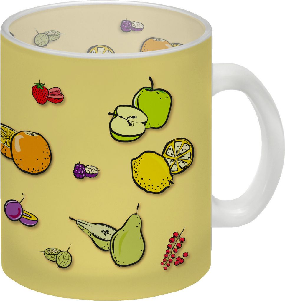 Glas Tasse in gelb zum Thema Obst mit verschiedenen Früchten