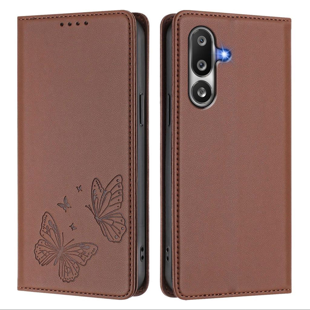 Lederhülle für Samsung Galaxy M36, Schmetterling Prägung Leder Brieftasche Schutzhülle mit Ständer Braun