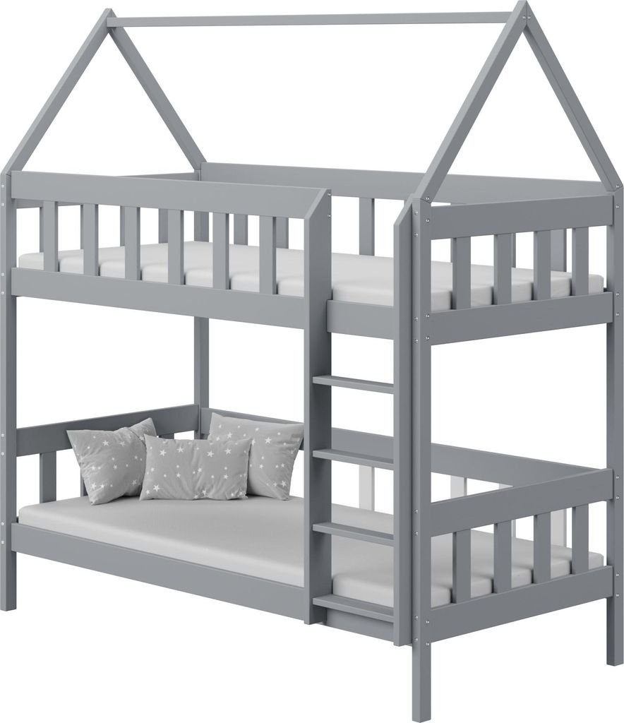 Etagenbett Hausbett 2 Kinder Grau 90x190 cm – Kinder Hochbett aus Holz mit Rausfallschutz und zwei Schubladen – für Jungen und Mädchen – Sk...