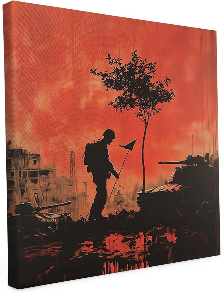 Banksy Motiv - Friedenssoldat - 20 x 20 cm - Wandbild auf Leinwand - matter Kunstdruck - Graffiti - Street Art - 2cm Holzrahmen - Keilrahmen bedruckt