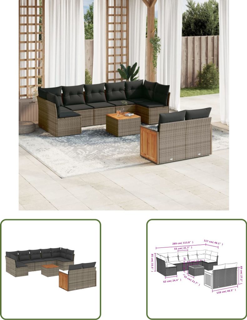 The Living Store 10-tlg. Garten-Sofagarnitur mit Kissen Grau Poly Rattan