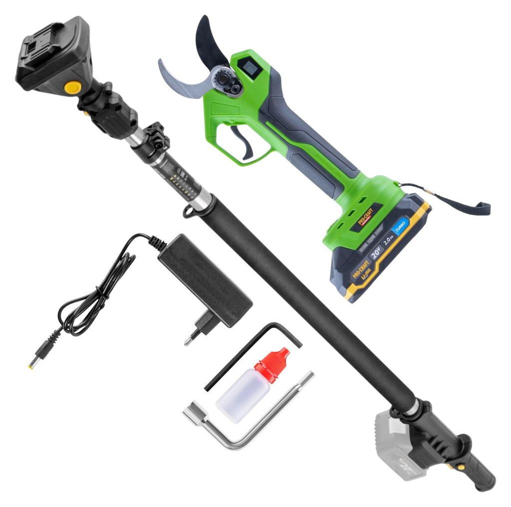 Procraft ES32Li Akku Astschere 20 V Brushless + Teleskop Verlängerung Aufsatz + 1x Akku 2,0 Ah + Ladegerät + Koffer
