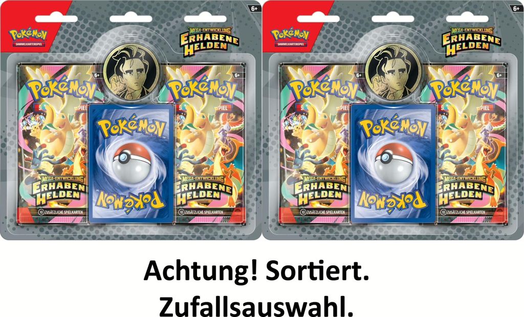 Two Pokémon trading card booster packs with a coin and a card back shown.