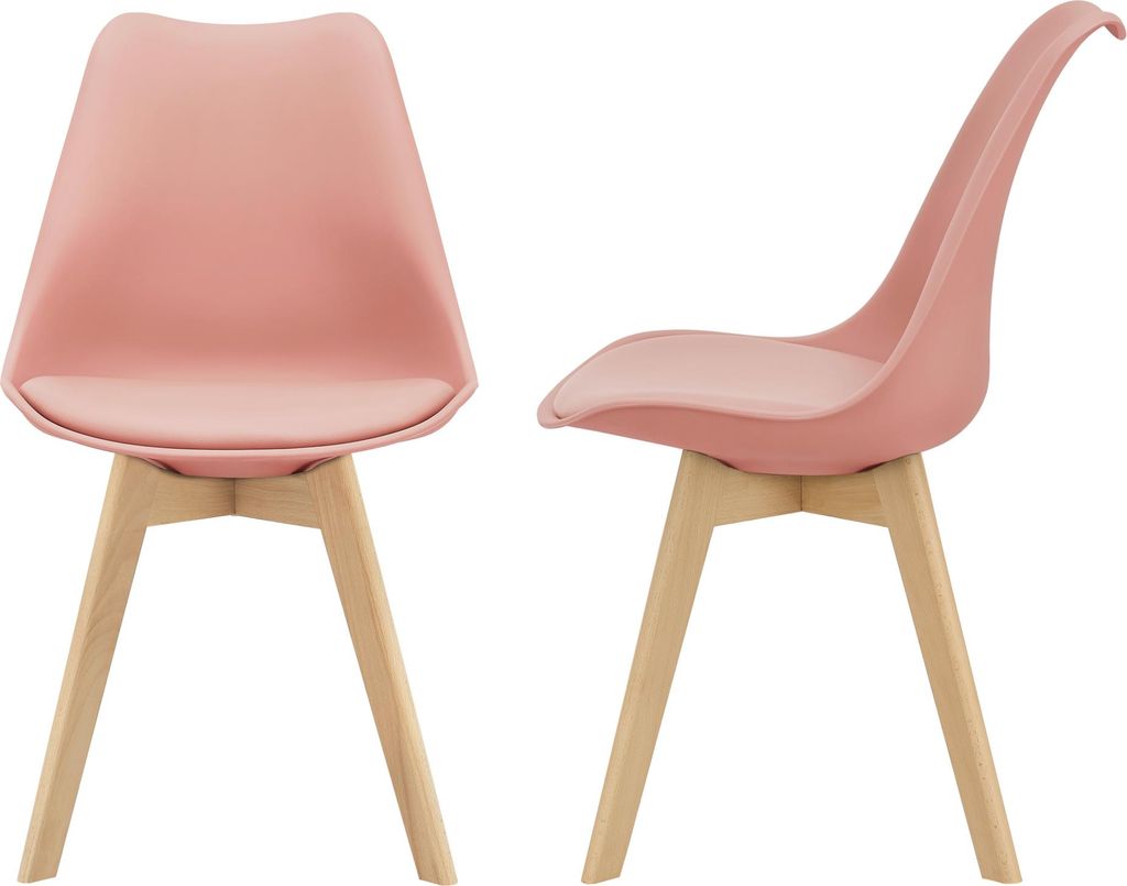 Two pink chairs are shown from different angles against a white background.