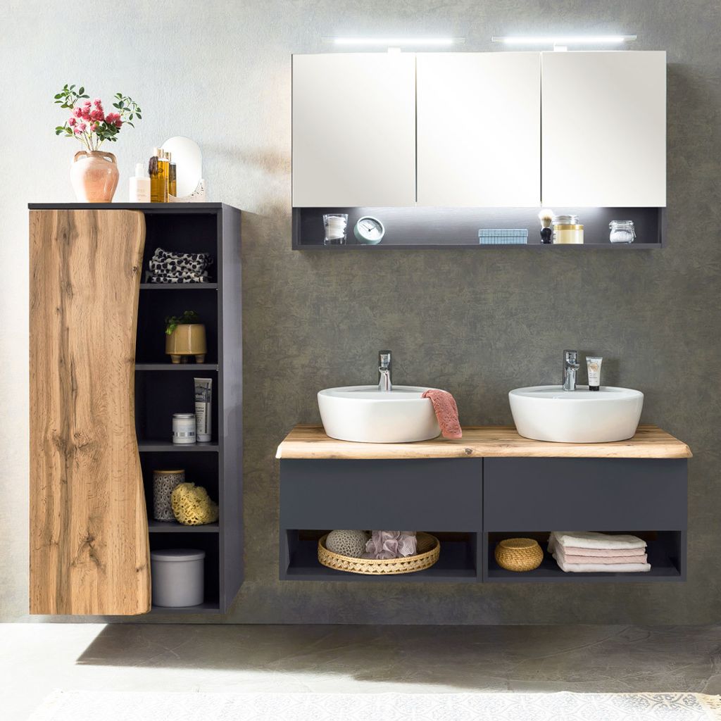 Badmöbel Set mit Doppelwaschbecken KAHLA-03 in anthrazit und Wotan Eiche Nb. in Baumkantenoptik, B/H/T: ca. 201/200/52 cm