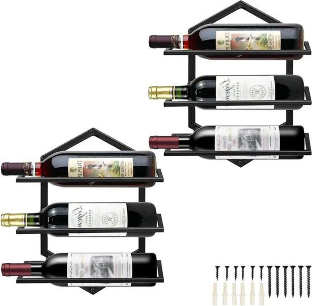 Porte-bouteilles mural en métal noir pour 2 bouteilles et 3 verres B2