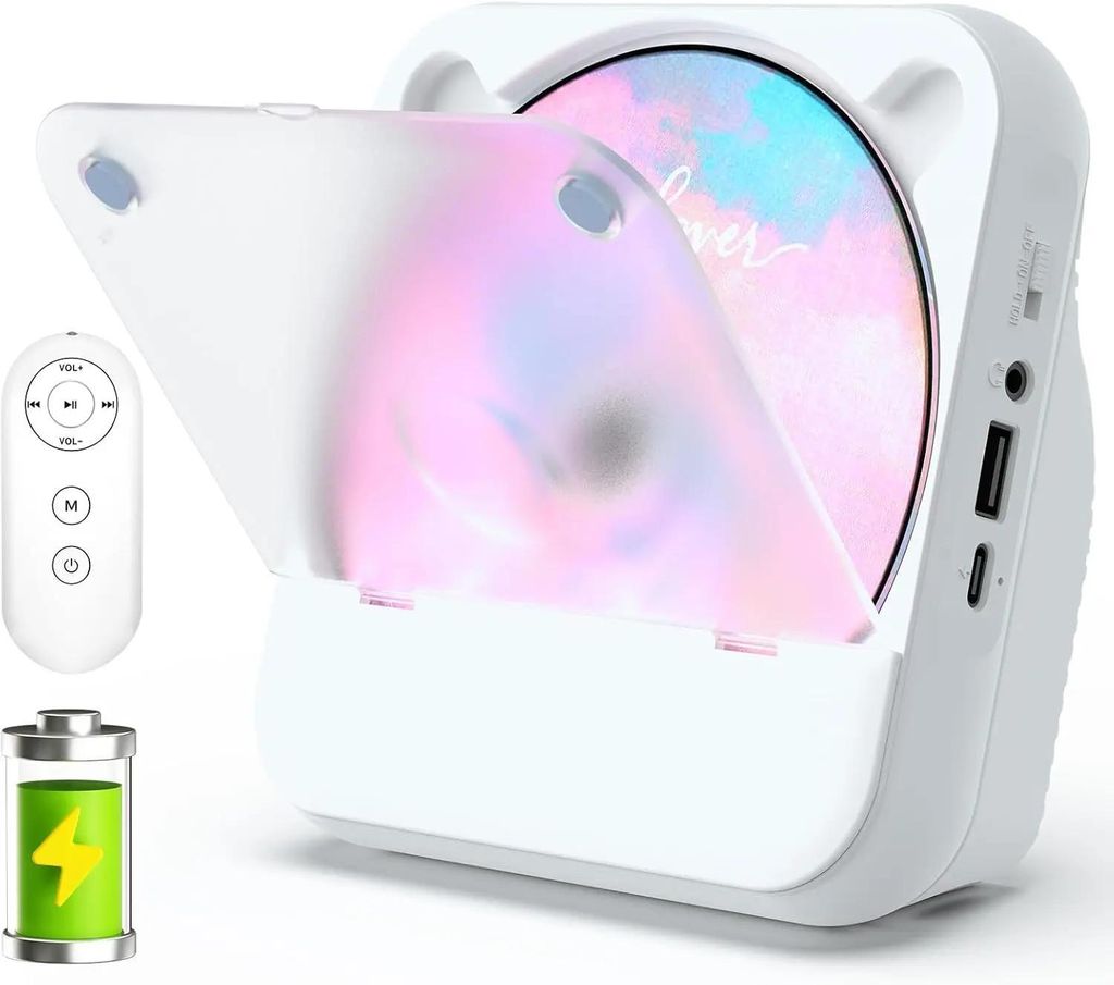 Tragbarer Bluetooth CD-Player - Integrierter Lautsprecher - USB/AUX - FM-Radio - Wiederaufladbar - Fernbedienung - Staubschutz - Weiß