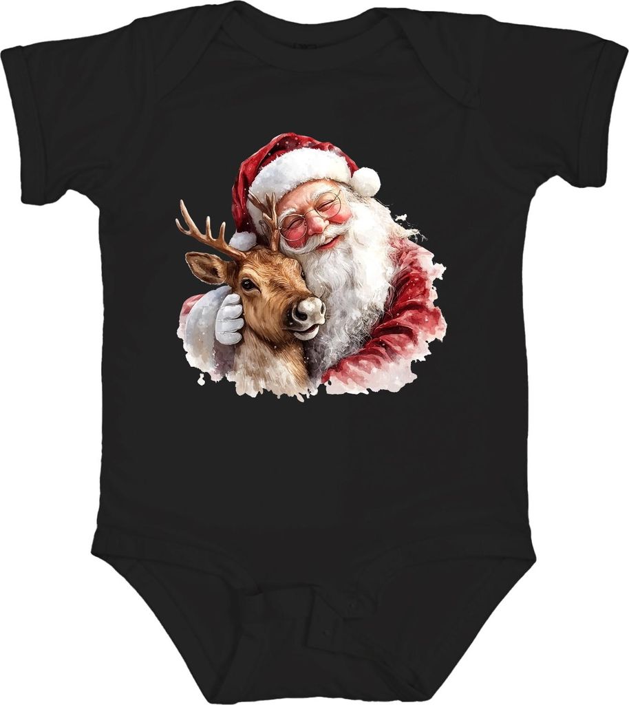 Weihnachtsmann mit Rentier Umarmung Weihnachten Aquarell Vintage Unisex Baby Body, Schwarz, 18/24