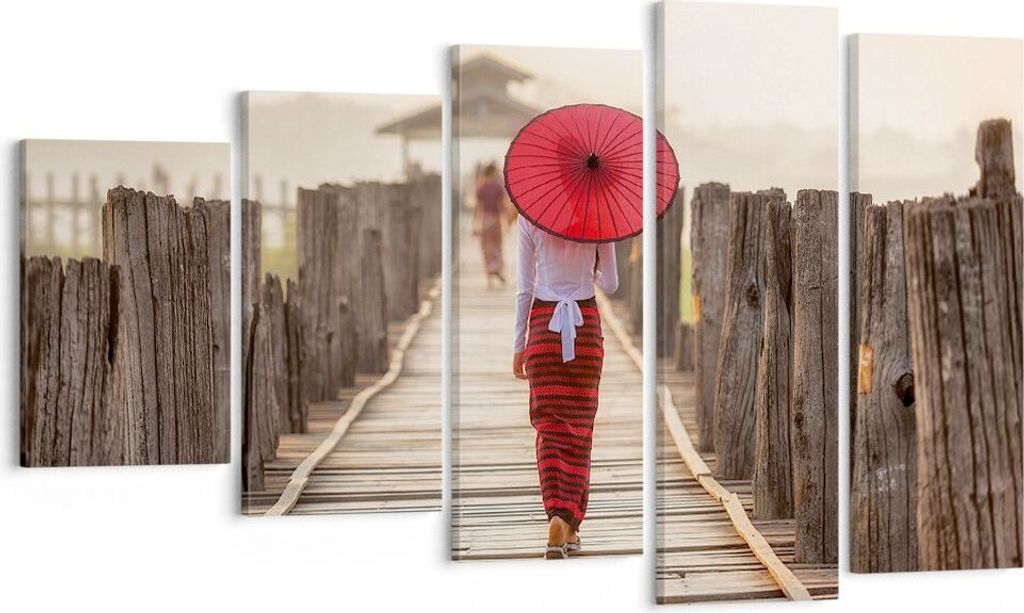 Bild auf Leinwand - Leinwandbild - 5 Teile - Birma Regenschirm Brücke - 100x60cm - Wand Bild - Wanddeko - Wandbilder - Leinwanddruck - Bilder - Wa...