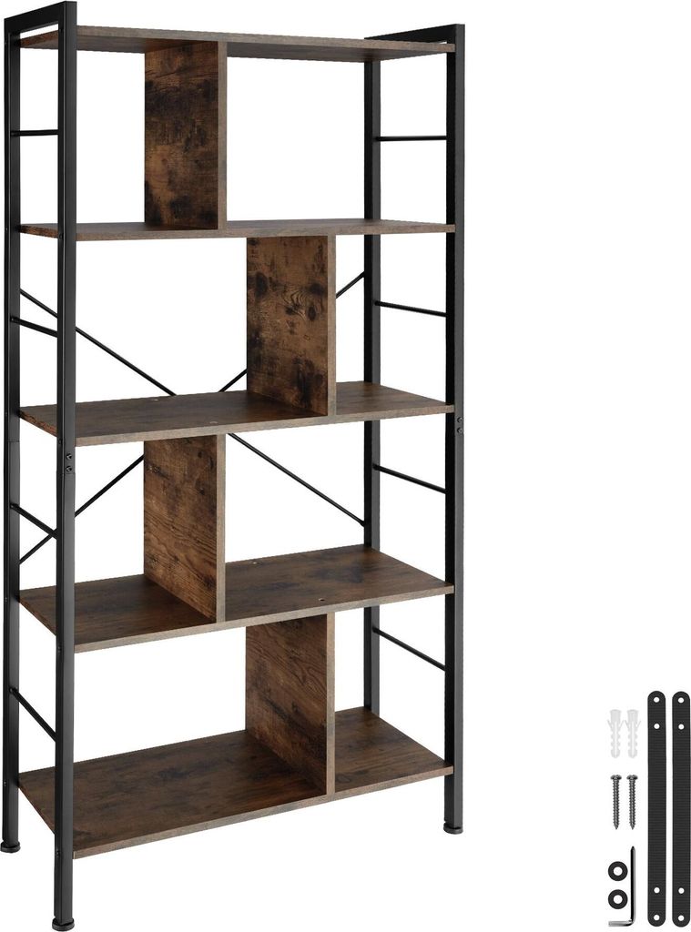 A tall, multi-shelf bookcase with a rustic wood finish and black metal frame, shown against a white background. Some mounting hardware is visible in the bottom right corner.