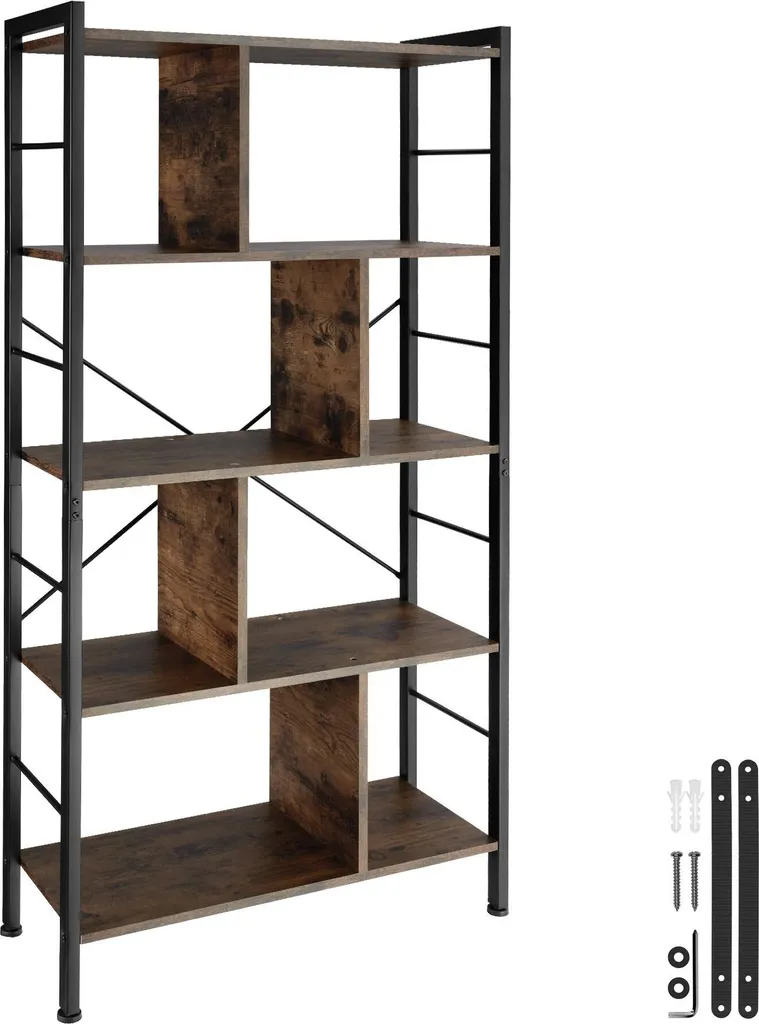 Étagère industrielle rustique Charleston en bois foncé robuste 155 cm