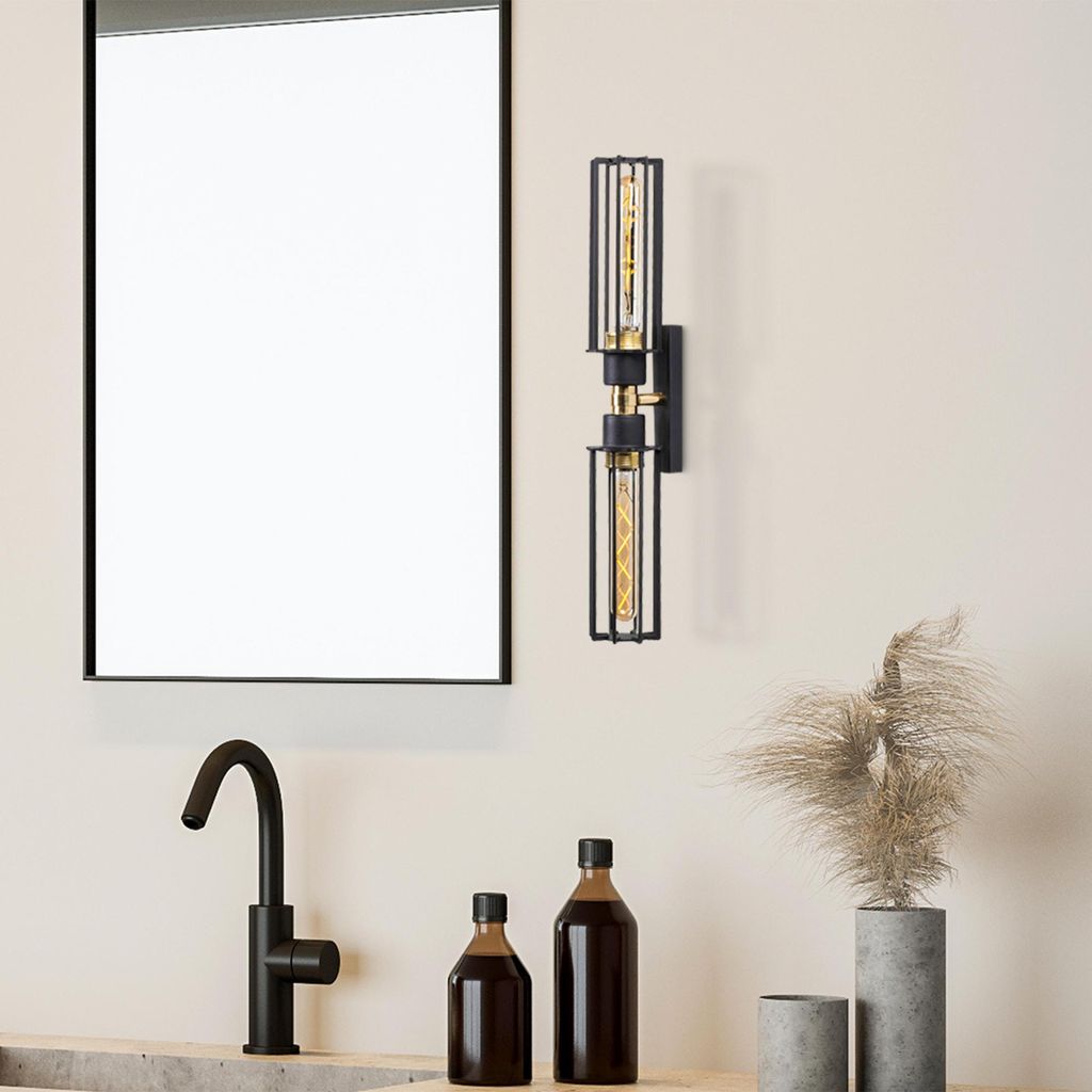 Opviq, Wandlampe aus Eisen, Schwarz und Gold, 50 cm hoch | 8 x 15 cm, 2 x E27 Max 40 W, IP20 | Stilvolles, industrielles Design für moderne Wohnr...