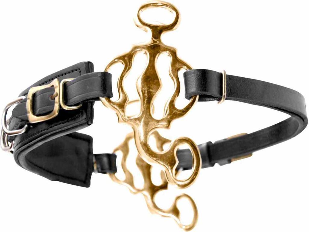 AMKA Hackamore Barock, mit 3 Ringen, Nasenriemen Leder schwarz, Anzüge goldfarben