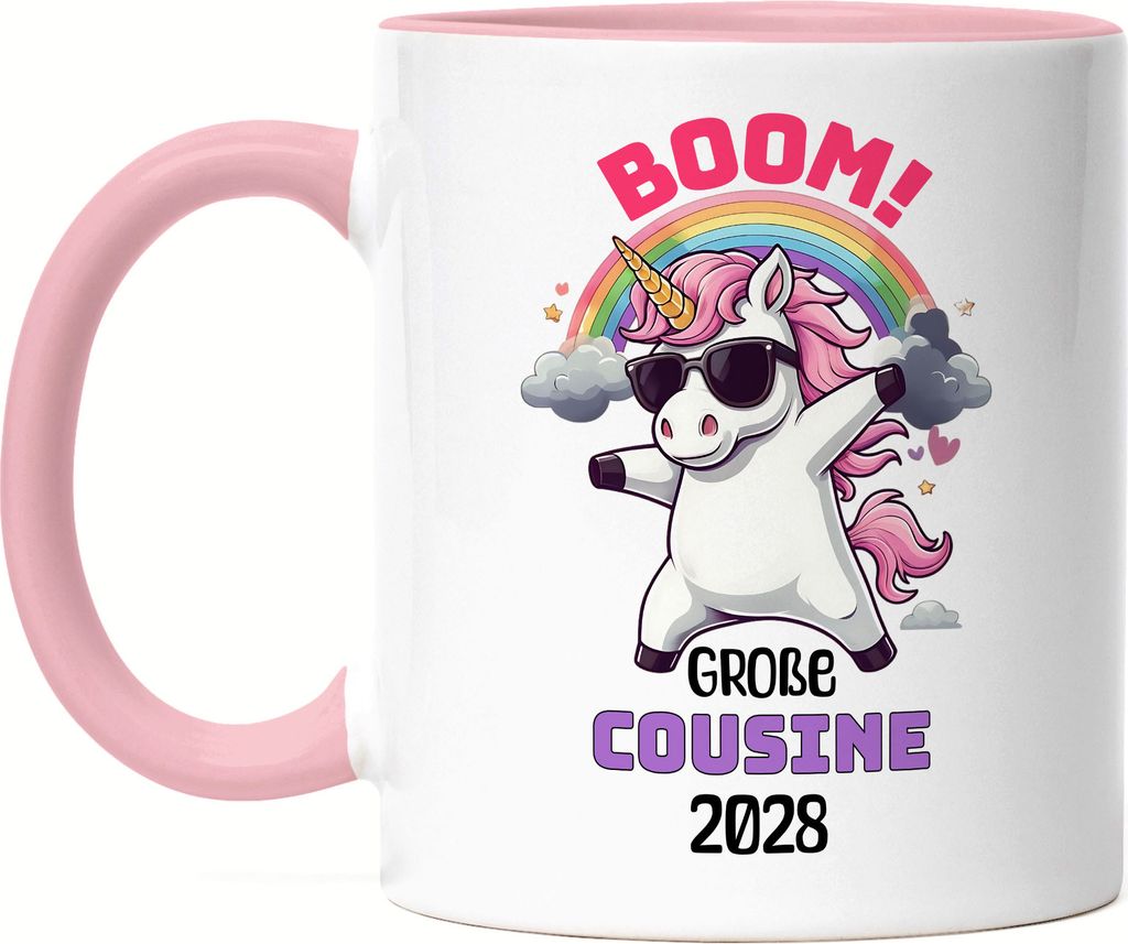 Boom Große Cousine 2028 Tasse Rosa Geschenk Einhorn Familienfreude Babyparty Überraschung Cousine