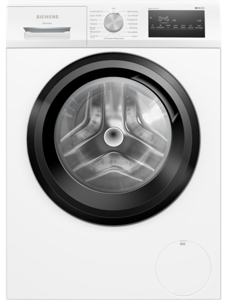 A front view of a white Siemens washing machine with a black door and control panel.