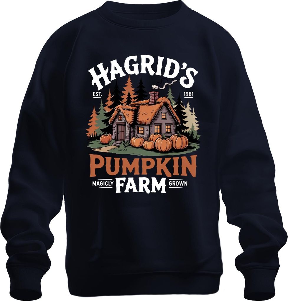Hagrids Pumpkin Farm Magisch Herbst Halloween Kürbisse Hütte Retro Uni Sweatshirt Pullover, Navy, S