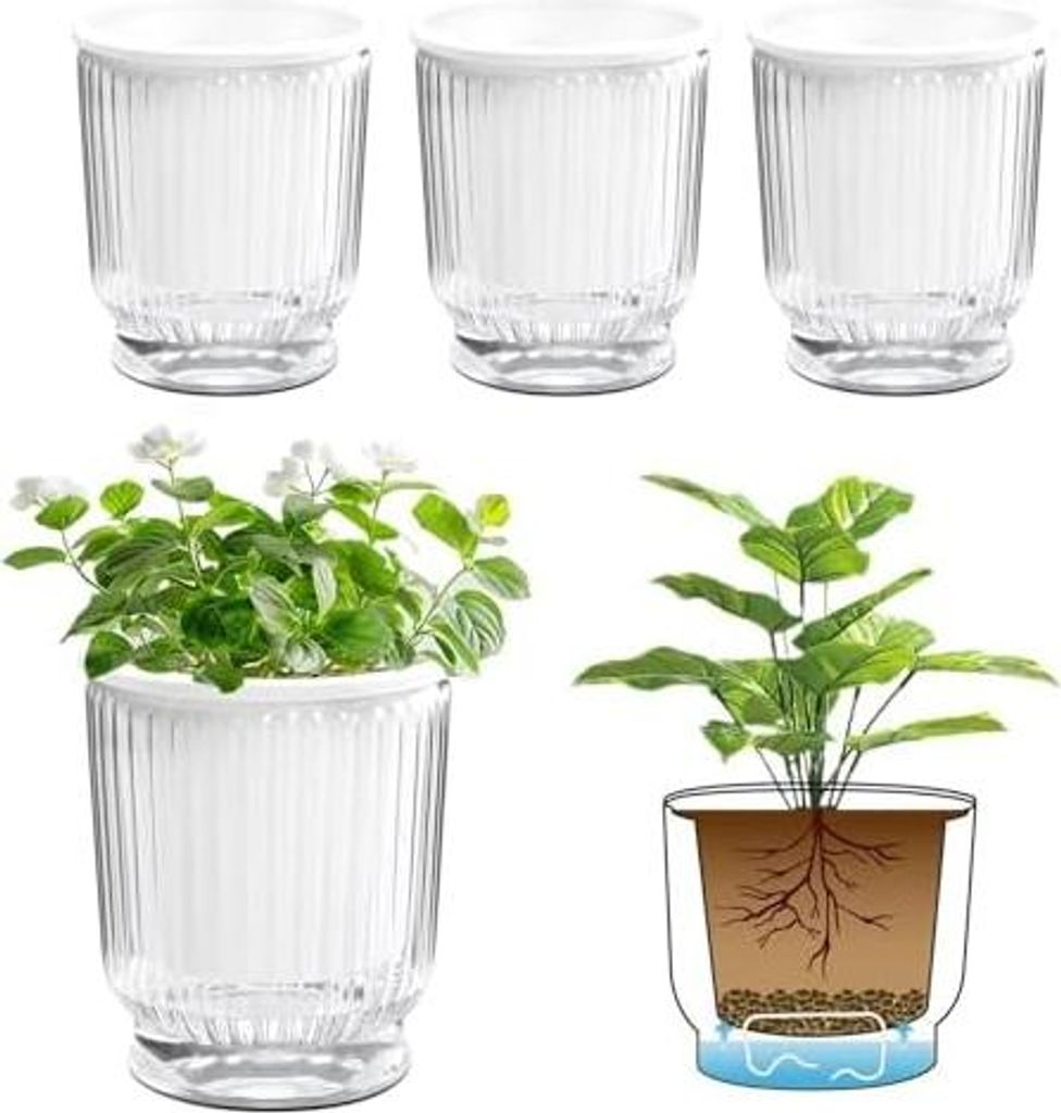 T4U 12cm Selbstbewässerungstopf Blumentöpfe mit Baumwollseil und Tiefem Wassertank 4 Stück, Blumentopf Set für Orchideentopf Transparent,Kräut...