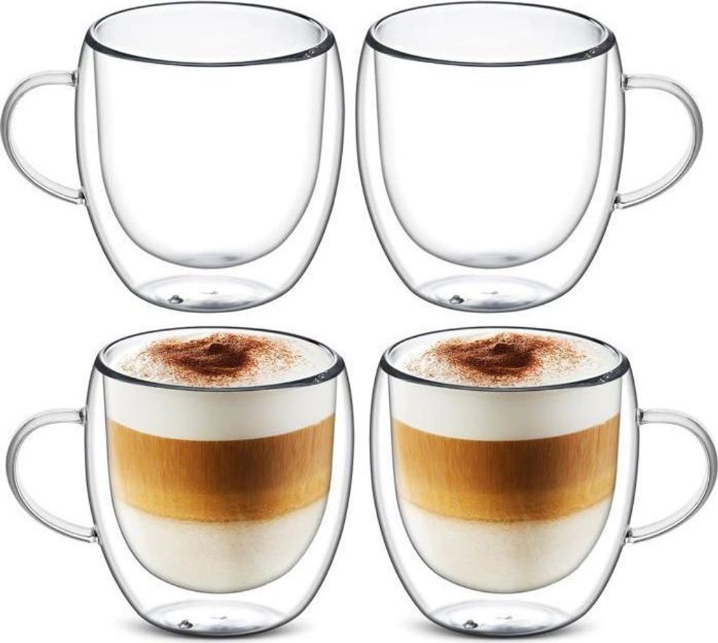4 x 150 ml doppelwandige Kaffeetasse mit Henkel, Latte Macchiato-Tassen, Teeglas, Cappuccino-Tassen, hitzebeständig.