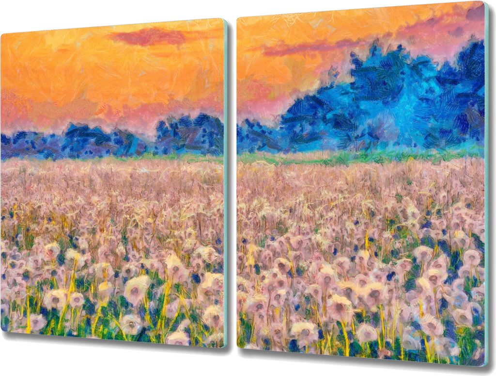 Coloray Hackbrett Kochplattenabdeckung Herdabdeckplatte 2x40x52 cm Schneidebrett Küchenbrett - Wiese Löwenzahn Sonnenuntergang