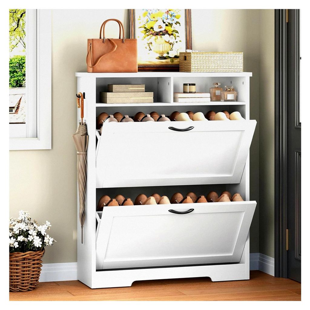 Schuhschrank mit zwei aufklappbaren Schubladen, Schuhkipper mit Haken, verstellbaren Einlegeböden und zwei offenen Fächern, Schuhregal für Diele...