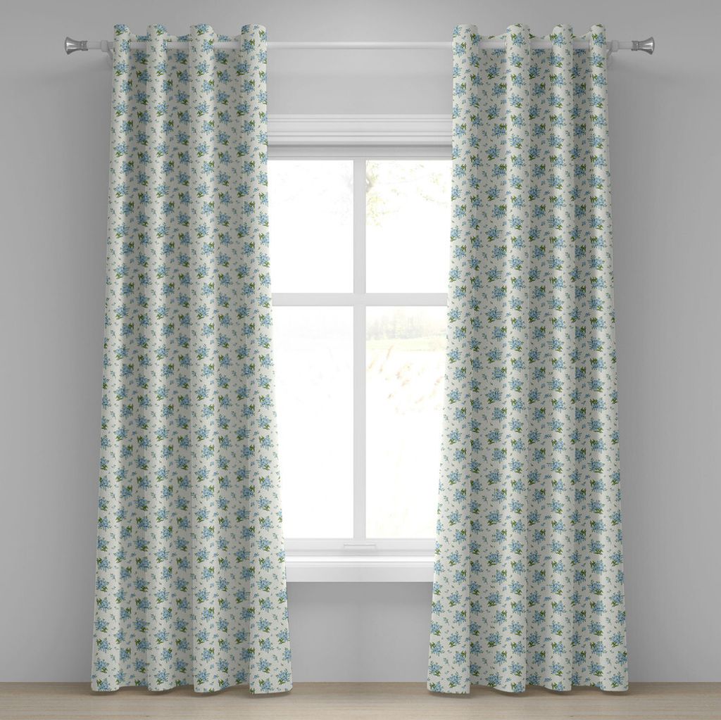 ABAKUHAUS Elfenbein und Blau Ösenvorhang, Vergissmeinnicht-Blumen-Muster-frisches Laub auf Elfenbein-Hintergrund, Dekorative 2-Panel-Fenstervorhä...