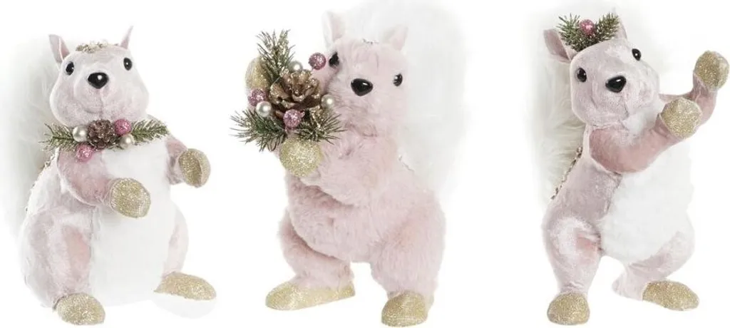 Écureuil Déco de Noël 13x16x21cm en Polyester Doux - Set de 3 Figurines
