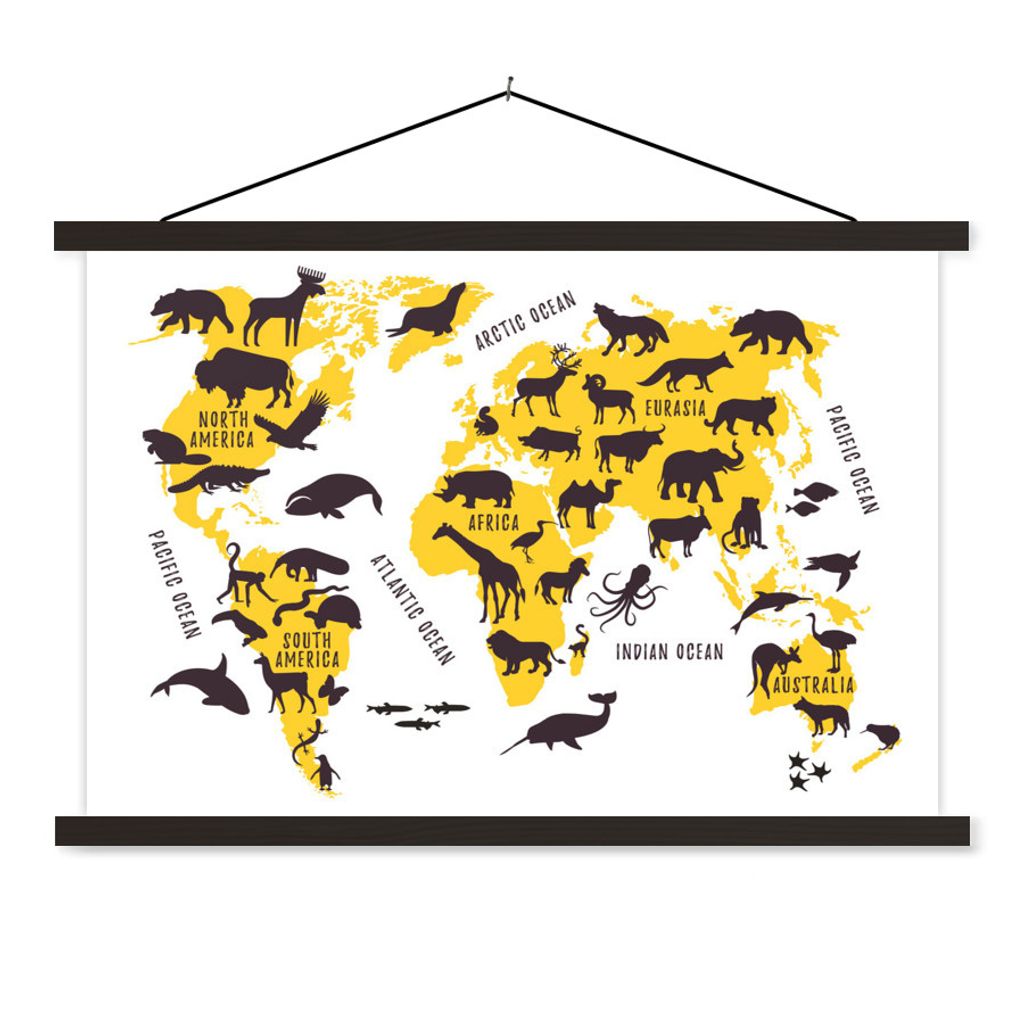MuchoWow Textilposter Weltkarte - Gelb - Tiere 90x60 cm mit schwarzem Rahmen - Aufhängungssatz