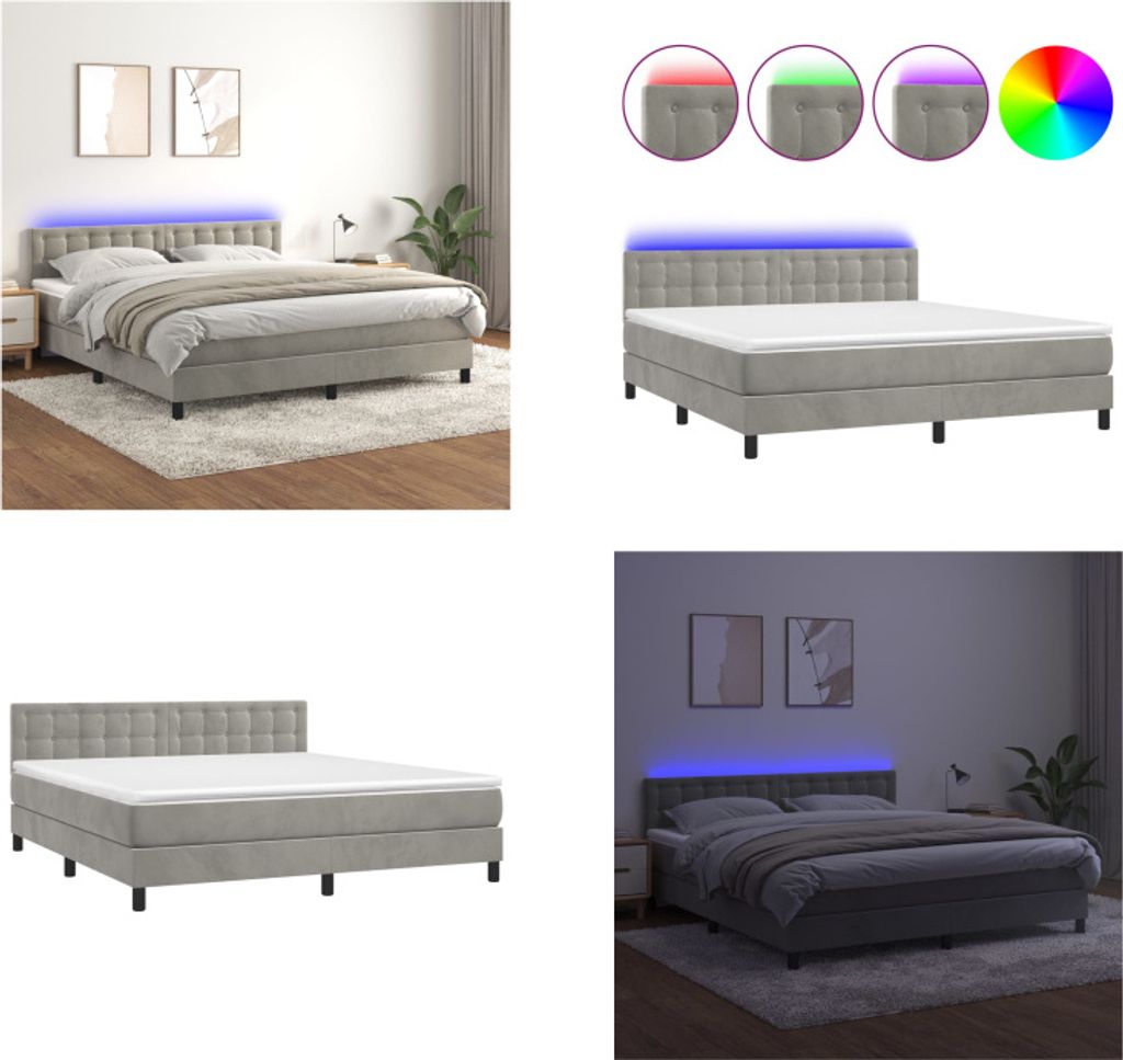 vidaXL Boxspringbett mit Matratze & LED Hellgrau 180x200 cm Samt - Boxspringbett - Boxspringbetten - Bett - Betten