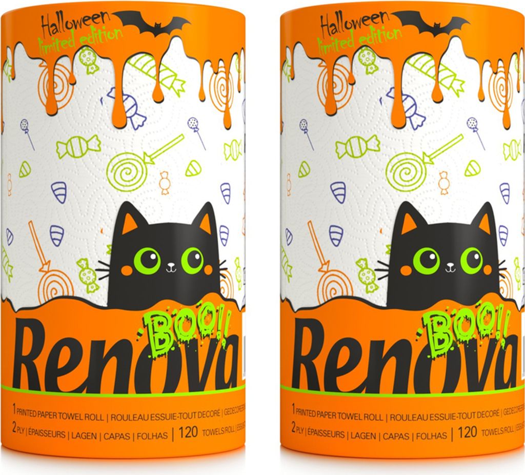 2 Rollen Renova Maxi Halloween Rolle Küchenpapier - Küchenrolle - Haushaltstücher - Papiertücher - bedruckt Halloweenmotive - 1 Rolle = 3 Stand...