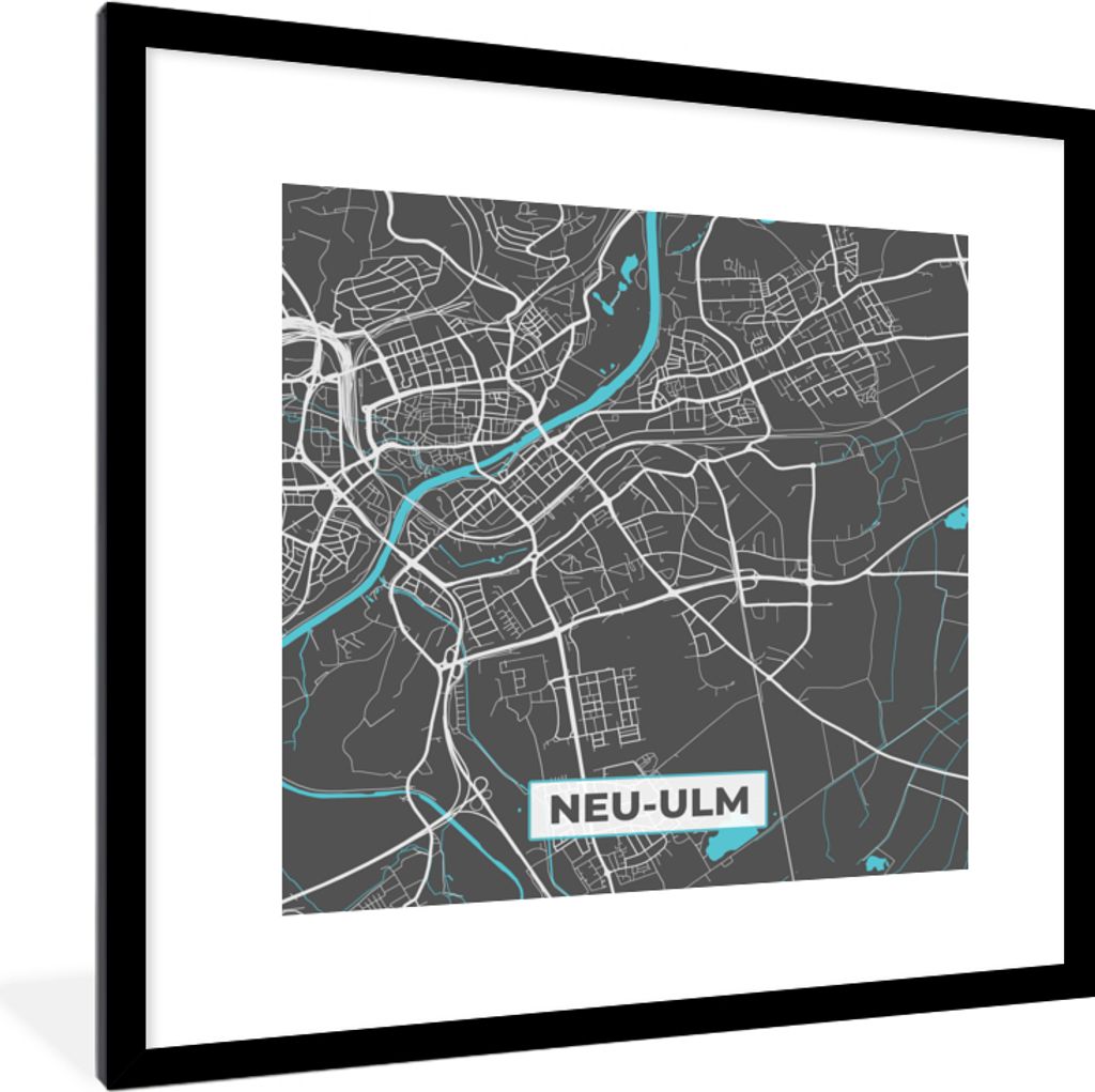 MuchoWow Gerahmtes Poster Stadtplan - Deutschland - Blau - Neu Ulm - Karte 40x40 cm - Poster mit Schwarzem Bilderrahmen Wandposter Rahmen Foto Bi...