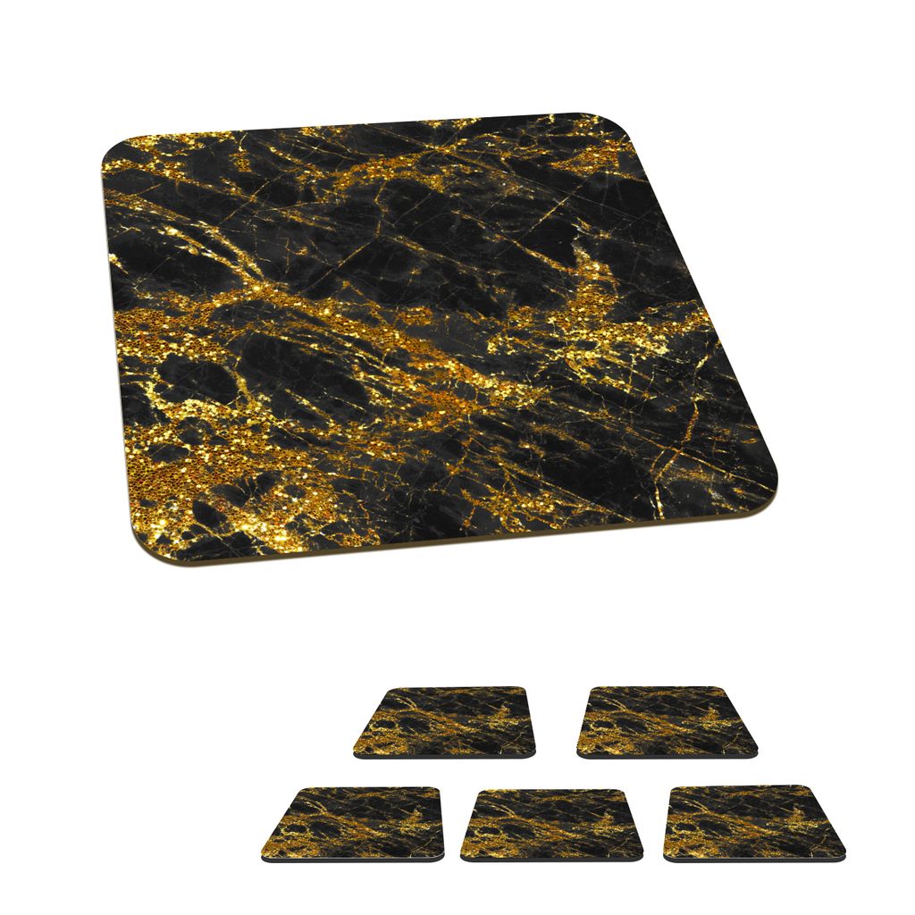 KitchenYeah Glasuntersetzer Quadratisch 6er Set Marmor - Gold - Schwarz - Chic 10x10 cm Untersetzer für Gläser - Getränkeuntersetzer - Tischp...