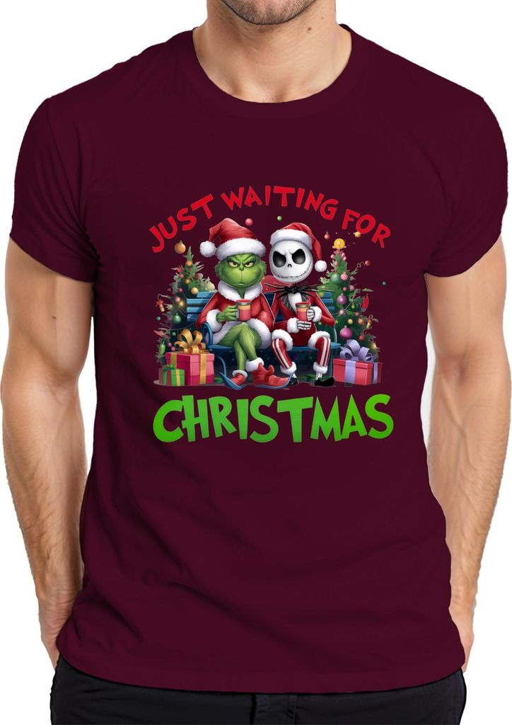Just Waiting For Christmas Grinch Jack Skellington Santa lustig Herren T-Shirt, Burgundy, L