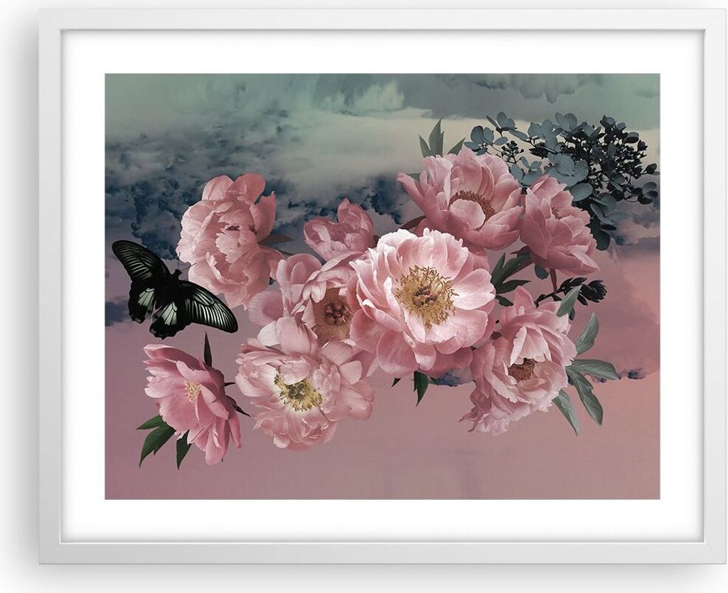 Gerahmtes Poster - Weißer Rahmen - Blumen Schmetterling Wolken - 50x40 cm - Wand Bild - Wanddeko - Wandbilder - Kunstposter - Wandposter - Bilderr...