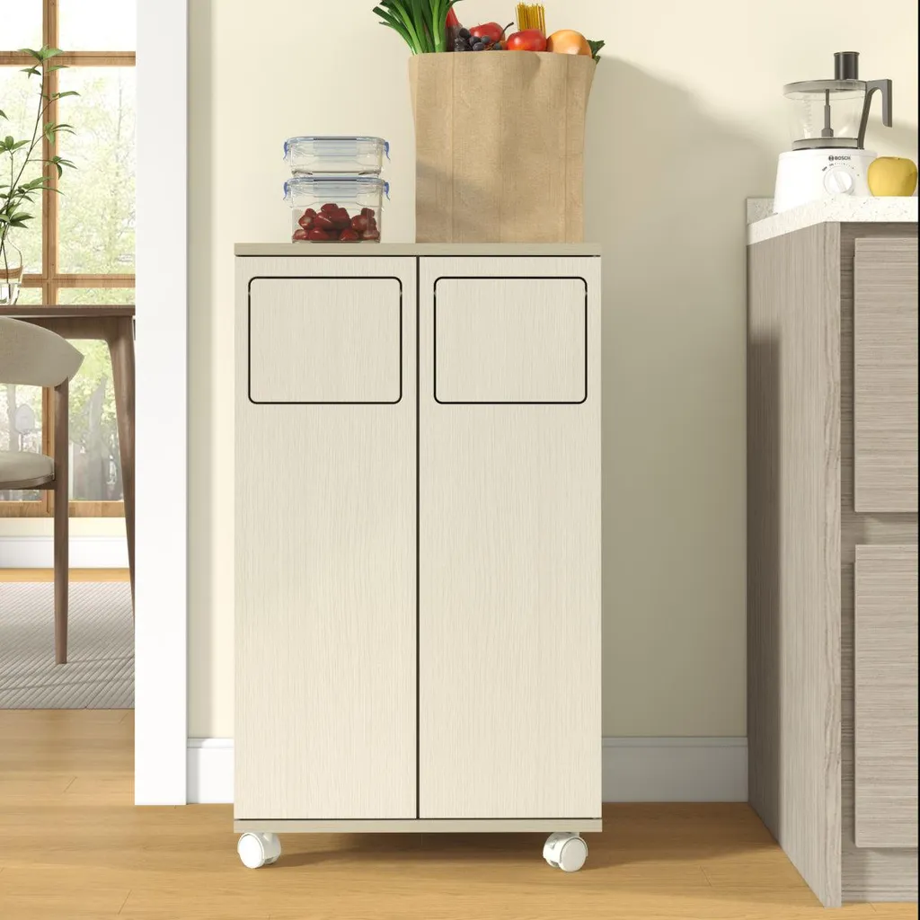 Meuble de cuisine pour poubelles et tri sélectif bois clair mobile