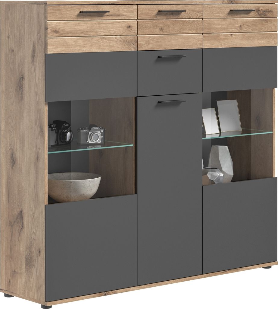 Highboard - Nox Eiche Nachbildung - Basaltgrau - B 140 cm - Produktbild 