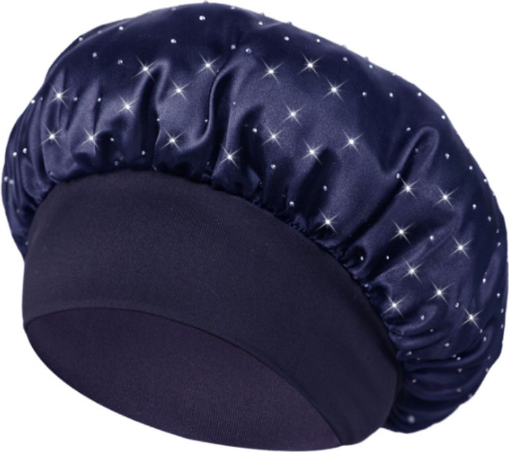 INF Bonnet de nuit en satin avec strass Bleu marine Image du produit 