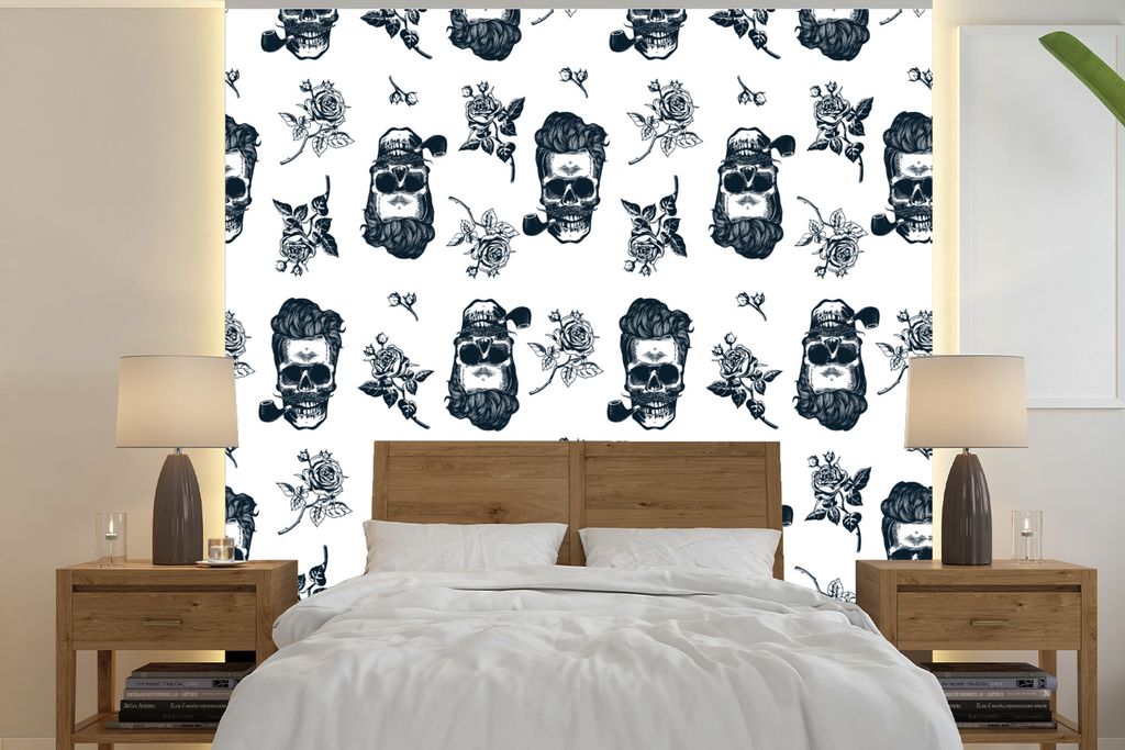 MuchoWow Fototapete für Wohnzimmer oder Schlafzimmer Wandtapete Vinyl Motivtapete Muster - Totenkopf - Rosen - Piraten - Jungen - Kinder - Kinde...
