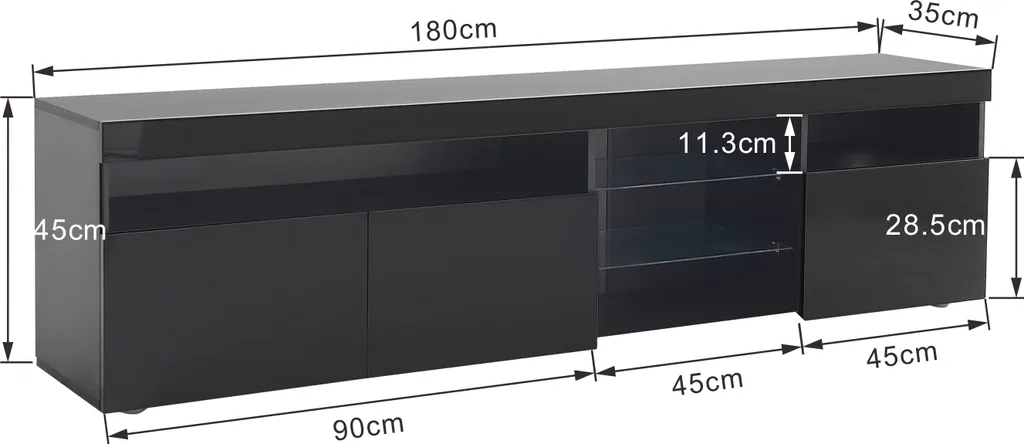 Merax Meuble TV Noir Brillant 180cm avec Éclairage LED et Télécommande