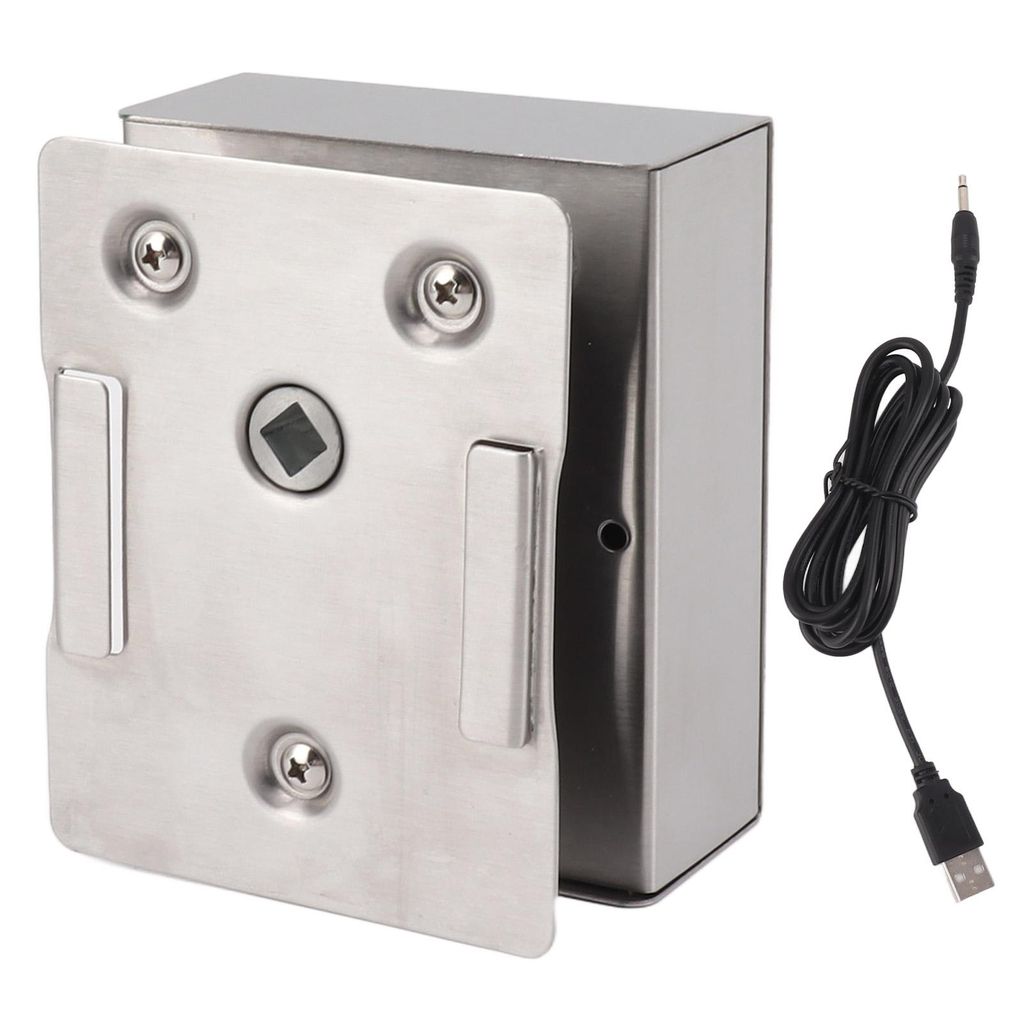 A stainless steel grill rotisserie motor with a USB cable.