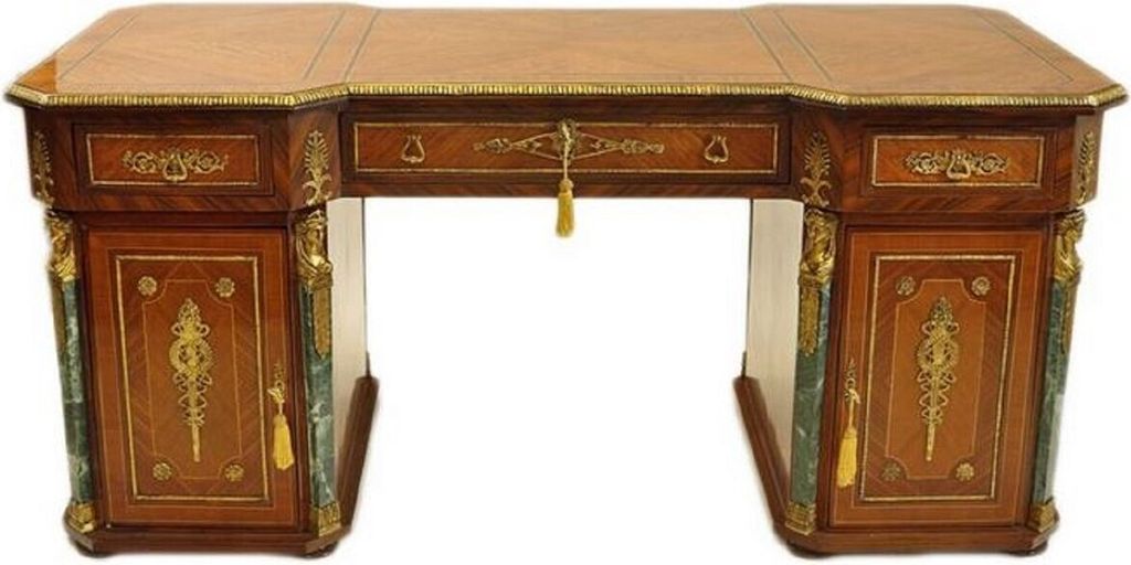 Casa Padrino Barock Massivholz Schreibtisch Braun / Grün / Gold - Prunkvoller Bürotisch im Barockstil - Handgefertigte Barock Büro Möbel