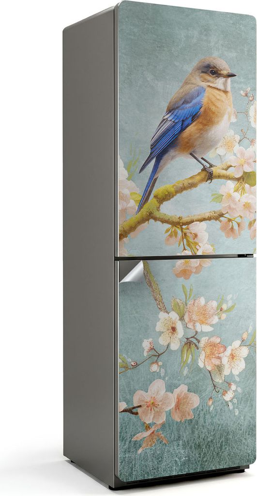 Ein Vogel auf einem Blütenzweig – Kühlschrank Aufkleber – Klebefolie Kühlschrank – Kühlschrank Nachbildung – Kühlschrankfolie selbstkl...