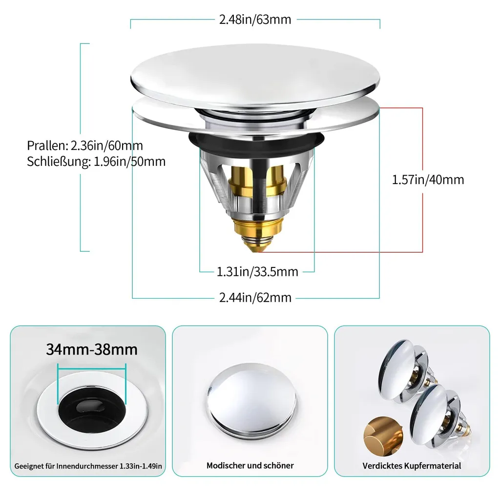 Bouchon de vidange universel à ressort 34-38 mm avec crépine intégrée