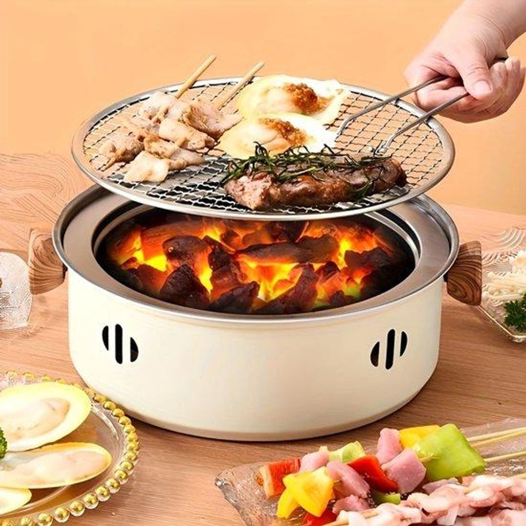 Portable Mini-Grill für den Tisch, aus Edelstahl, mit Grillrost, für den Einsatz in der Wohnung als modulares Holzkohlegrill.