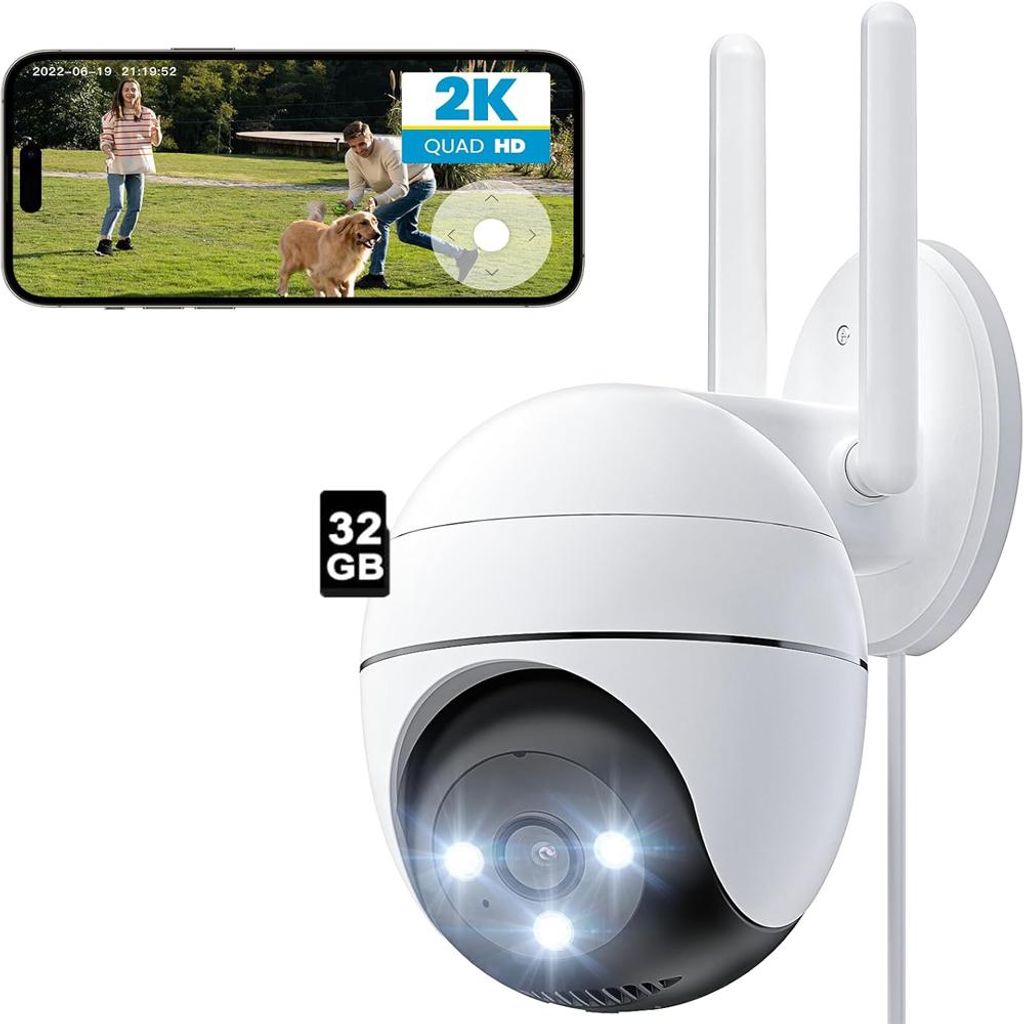 2K Überwachungskamera Aussen WLAN, PTZ Outdoor IP Kamera überwachung außen, 32GB WiFi Dome Camera mit Farbiger Nachsicht, Bewegungserkennung