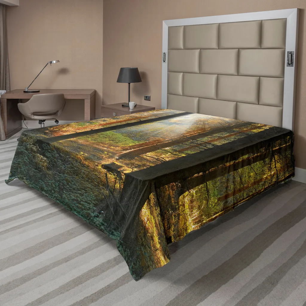 Drap plat décoratif forêt de brume, 244x205cm orange et vert automne