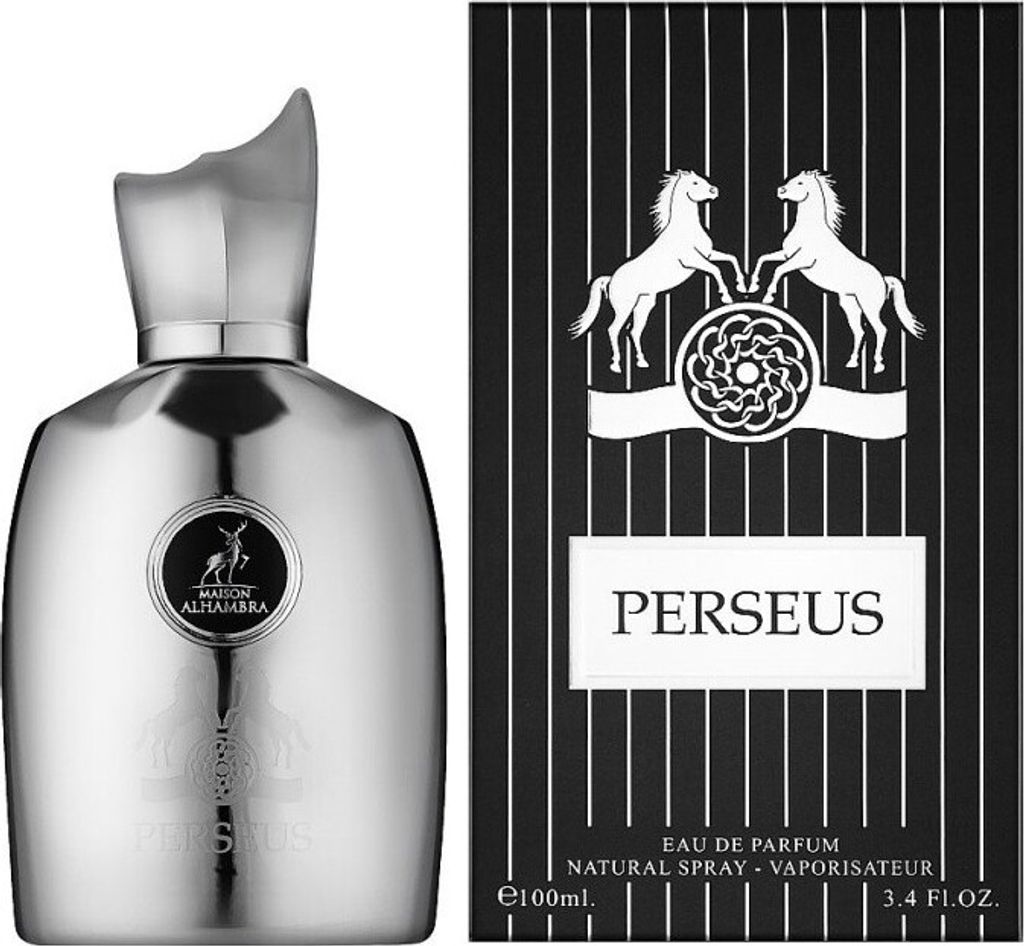 A silver perfume bottle and its black and white striped packaging are displayed side-by-side against a white background.