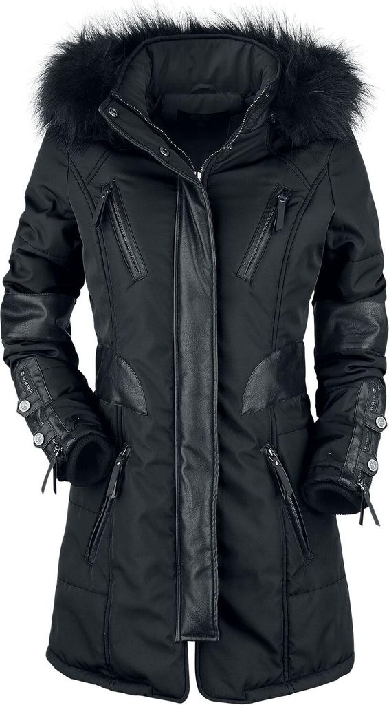 Rock Rebel by EMP Damen schwarze lange Winterjacke mit Kunstleder-Details M