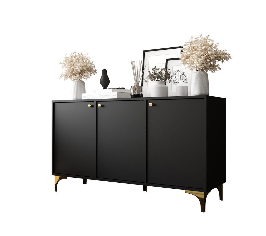 Kommode 3-türige 125 cm Schwarz Gold Zubehör LT1-12