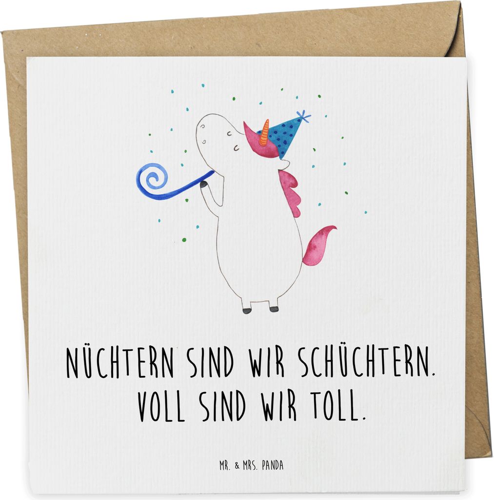 Mr. & Mrs. Panda Glückwunschkarte Einhorn Party - Weiß - Geschenk, Klappkarte, Unicorn, anlasskarte, Alkohol, Club, faltkarte, Einhörner, doppel...
