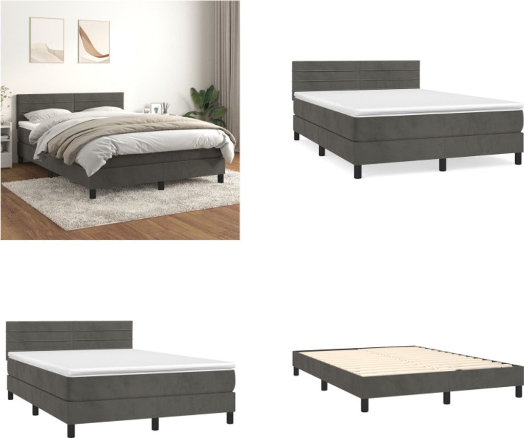 vidaXL Boxspringbett mit Matratze Dunkelgrau 140x190 cm Samt - Boxspringbett - Boxspringbetten - Bett - Schlafzimmermöbel